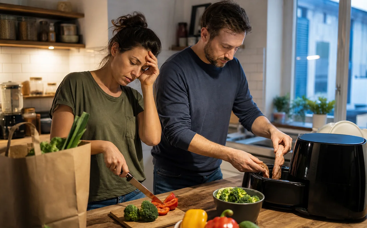 A realistic everyday scene illustrating a tired couple preparing vegetables and chicken in an air fryer after work