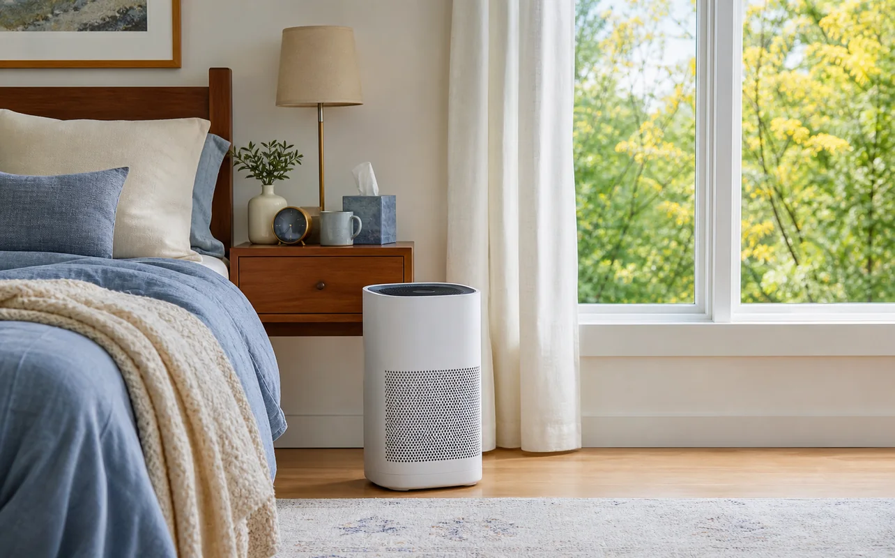 A realistic everyday scene illustrating an air purifier running beside a neatly made bed during pollen season