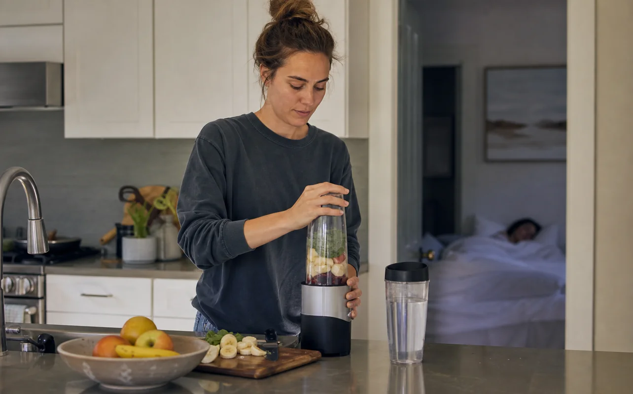 A realistic everyday scene illustrating a parent making a breakfast smoothie in soft morning light while the household sleeps