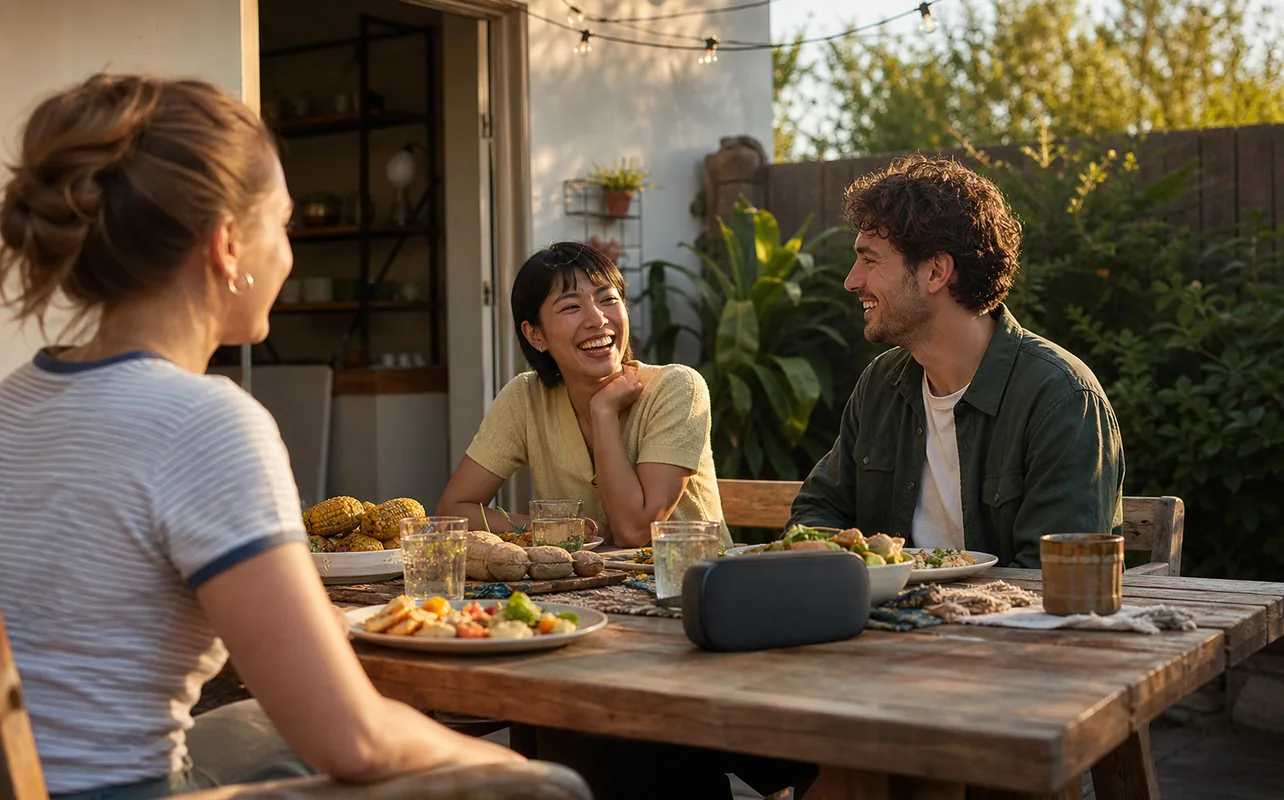 A realistic everyday scene illustrating friends listening to a portable bluetooth speaker on a small patio during a casual dinner