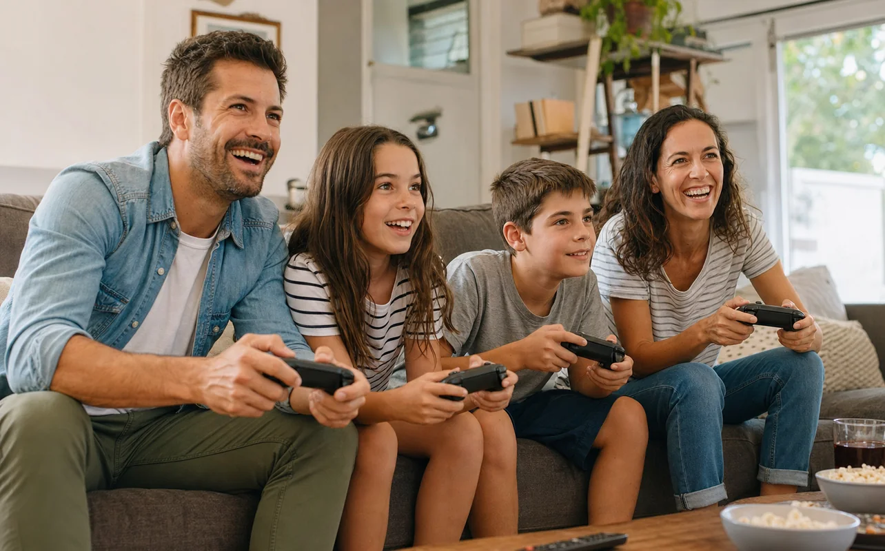 A realistic everyday scene illustrating siblings and parents playing a cooperative game together on a living-room couch