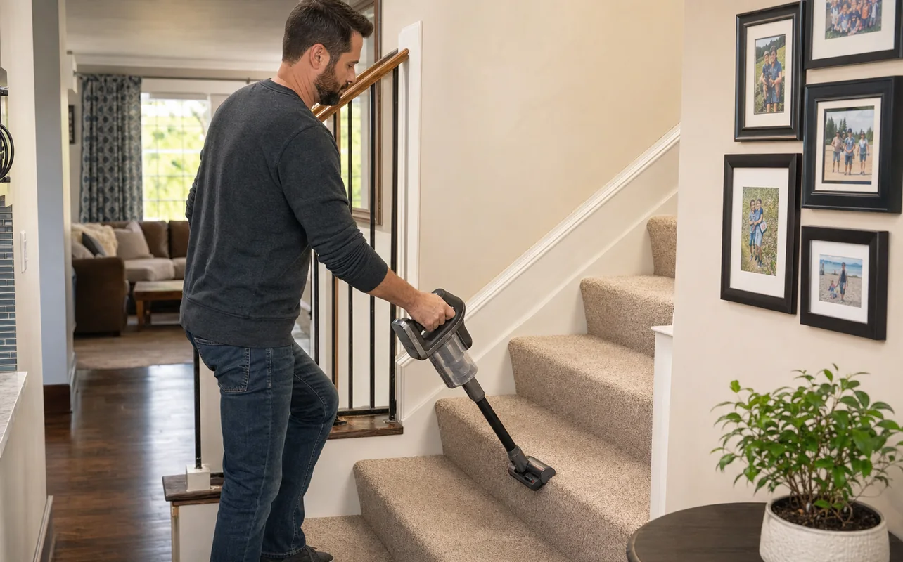 A realistic everyday scene illustrating a person cleaning carpeted stairs with a lightweight cordless vacuum in a lived-in home