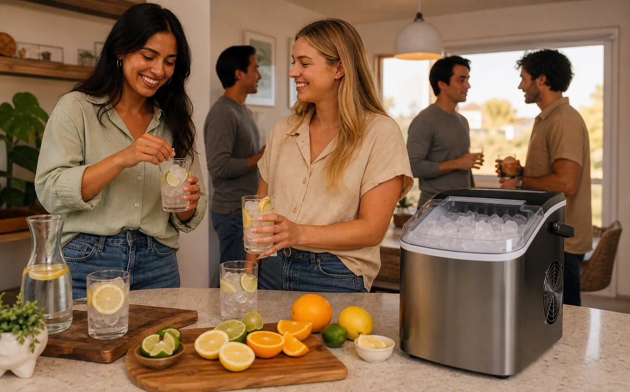 A realistic everyday scene illustrating friends serving cold drinks around a countertop ice maker during a relaxed home gathering
