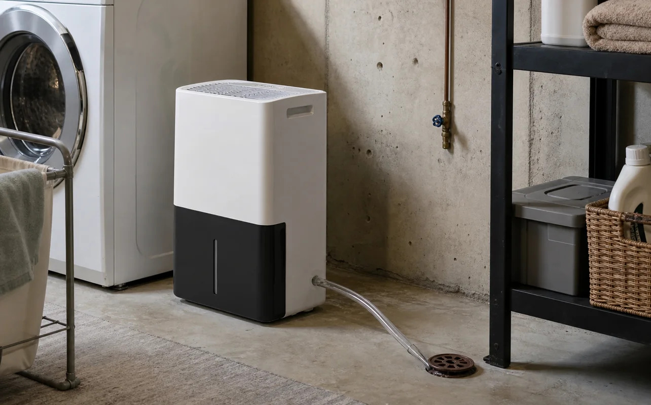 A realistic everyday scene illustrating a dehumidifier draining beside a basement laundry area with concrete walls and storage shelves