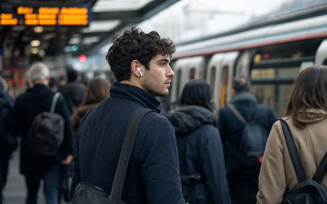A realistic everyday scene illustrating a commuter wearing wireless earbuds on a busy train platform with a shoulder bag