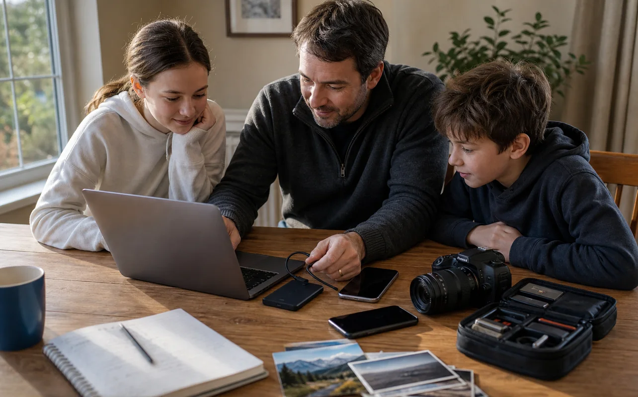 A realistic everyday scene illustrating a family organizing photos from phones onto an external ssd at a dining table