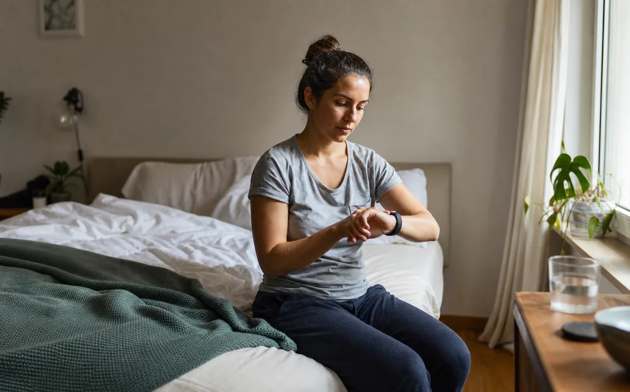 A realistic everyday scene illustrating a person checking a slim fitness tracker after waking in a softly lit bedroom