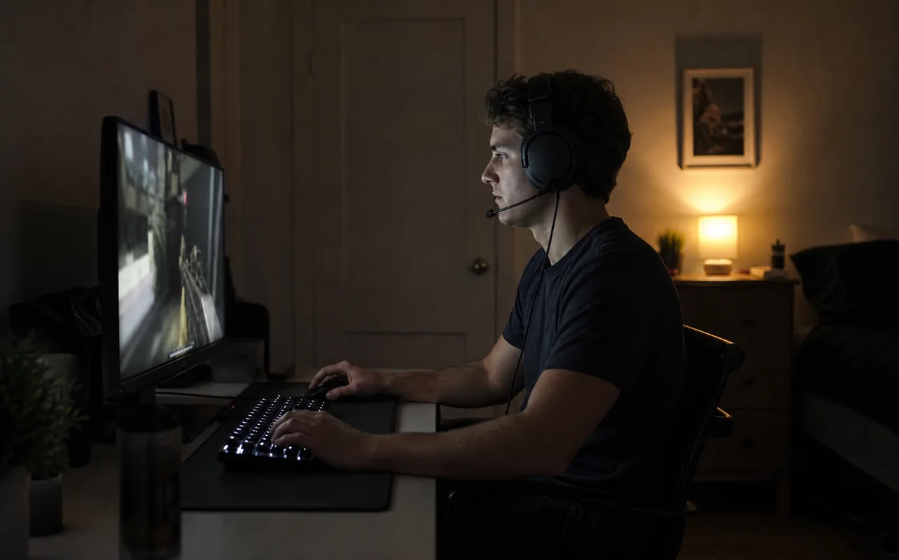 A realistic everyday scene illustrating a gamer wearing a comfortable headset during a quiet late-night session in a bedroom