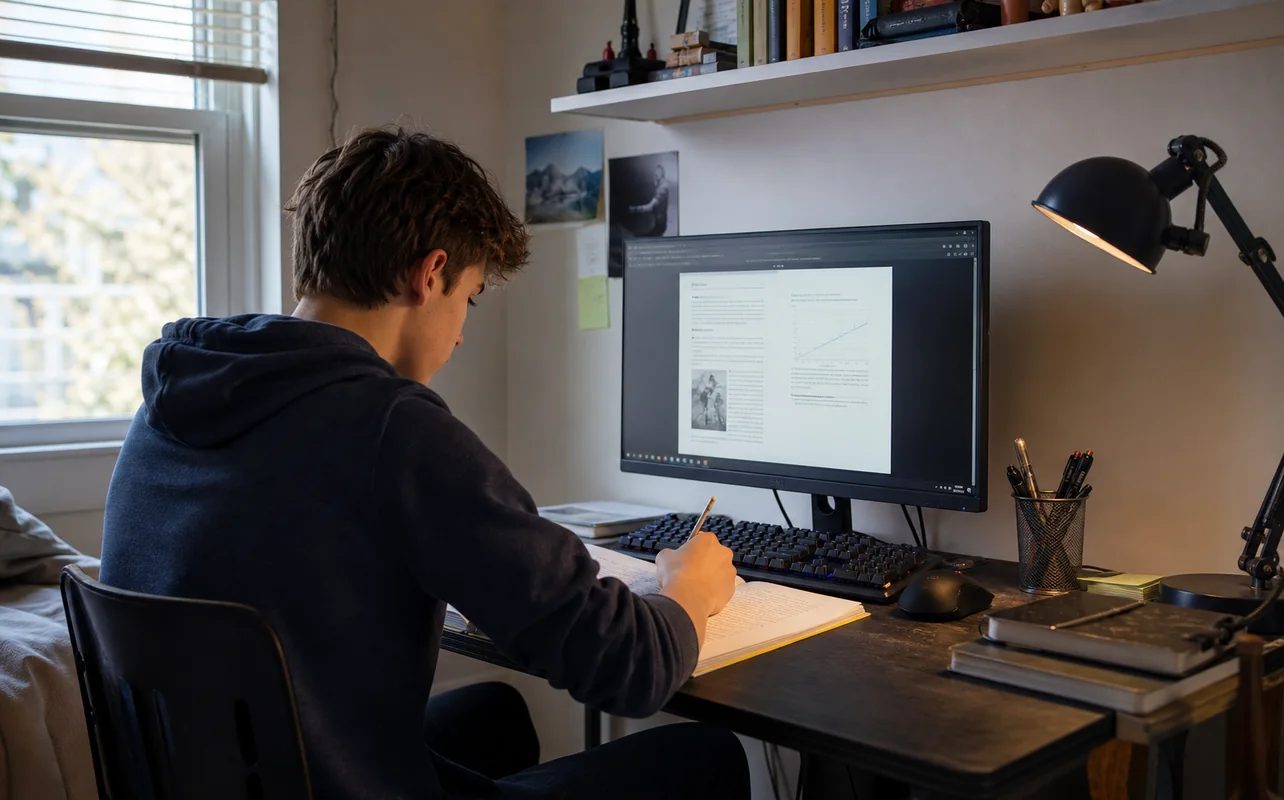 A realistic everyday scene illustrating a teenager using a gaming monitor for homework and games at a compact bedroom desk