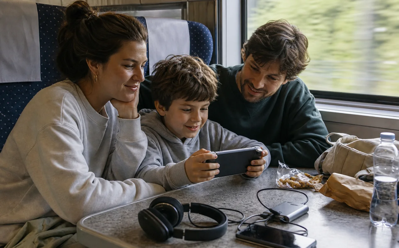 A realistic everyday scene illustrating a family playing a handheld game console together during a train journey