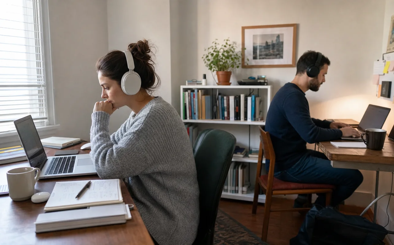 A realistic everyday scene illustrating two people working at separate desks in a shared home office while wearing headphones