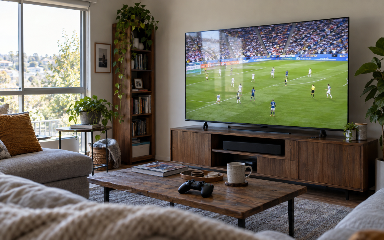 Representative bright living room with a large television showing a daytime soccer match