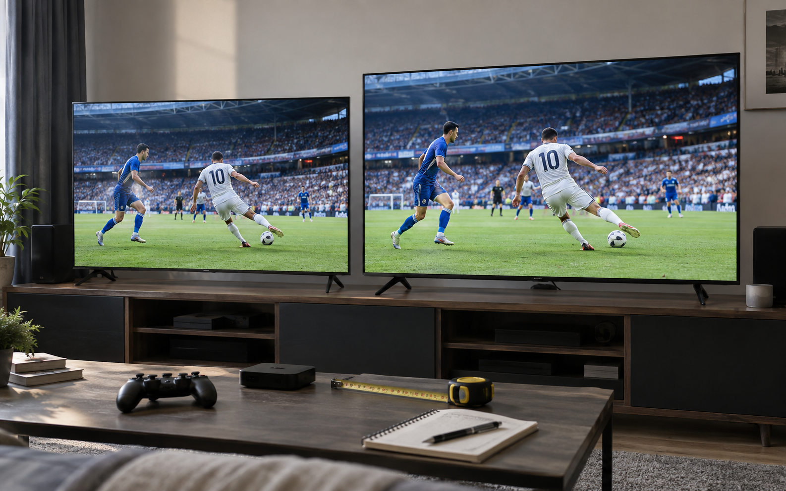 Representative side-by-side comparison of 65-inch and 75-inch televisions in a practical review room