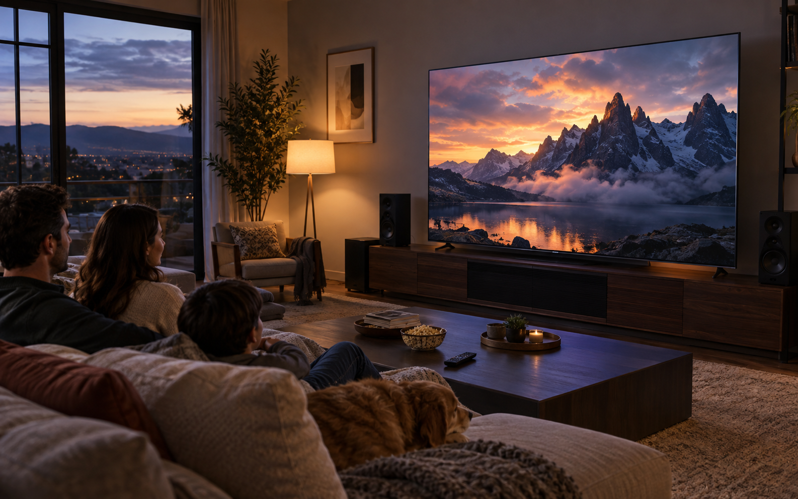 Representative family movie night around a very large television in a living room at dusk