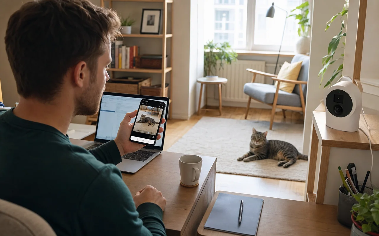 A realistic everyday scene illustrating a person checking on a cat through an indoor camera while working at a nearby desk