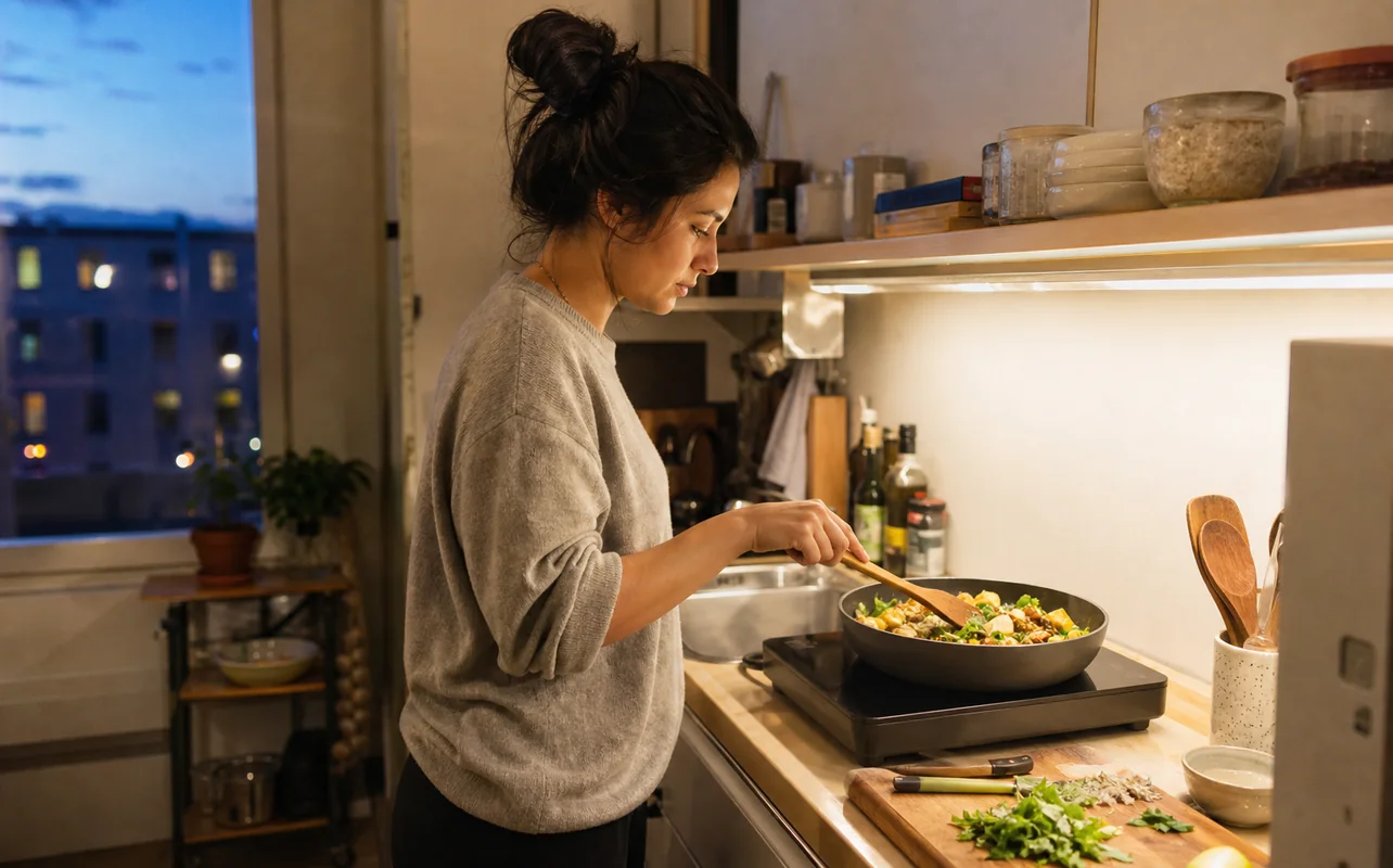 A realistic everyday scene illustrating a renter cooking a one-pan dinner on a portable induction cooktop in a small kitchen