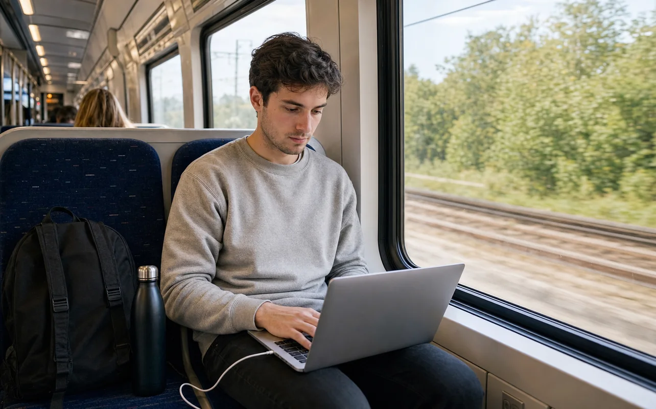 A realistic everyday scene illustrating a college student using a slim laptop on a train with a backpack and reusable bottle