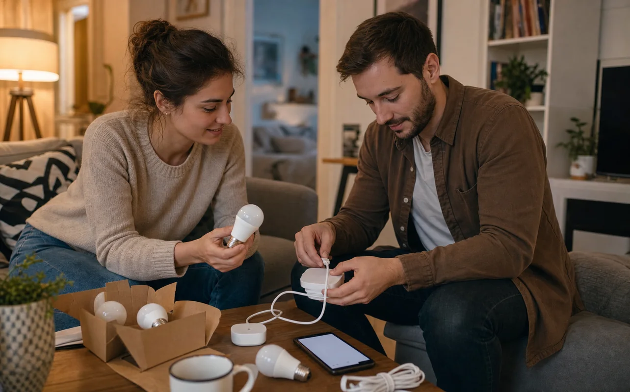 A realistic everyday scene illustrating a couple setting up smart bulbs and a small home hub together in a compact living room