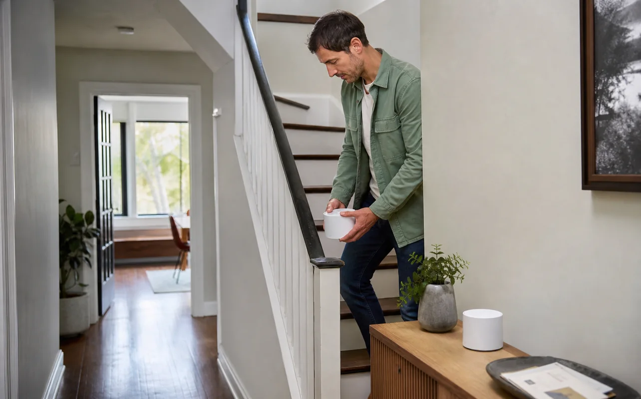 A realistic everyday scene illustrating a homeowner positioning mesh wi-fi nodes along the floors of a narrow townhouse