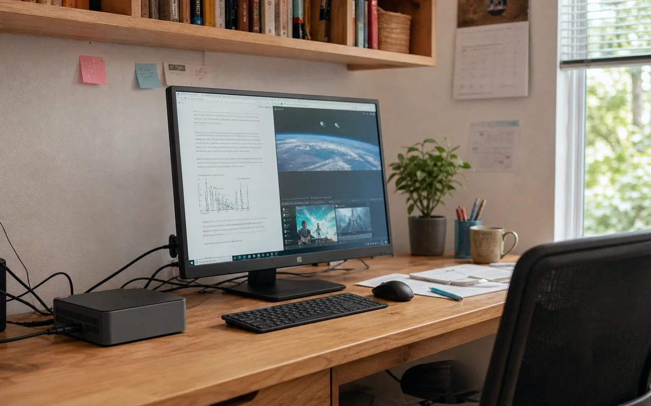 A realistic everyday scene illustrating a compact mini pc powering a shared family monitor in a tidy but realistic home workspace