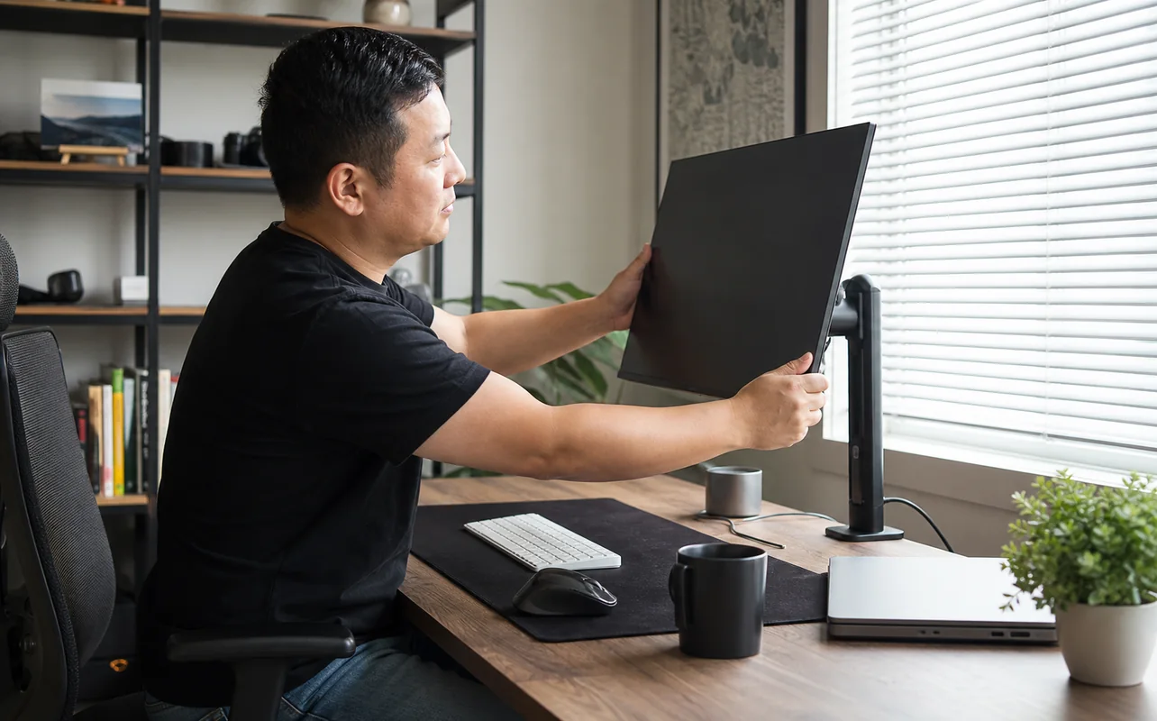 A realistic everyday scene illustrating a remote worker adjusting a matte monitor near a bright side window in a home office