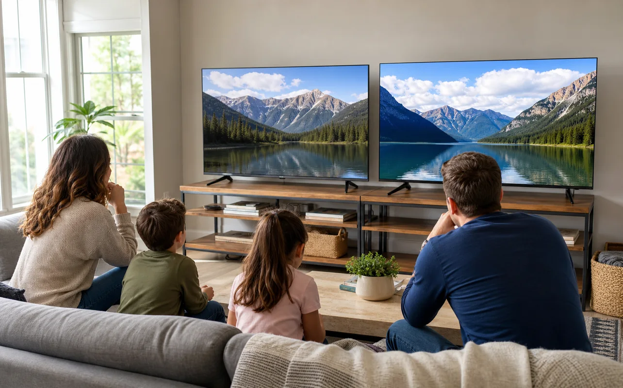 A realistic everyday scene illustrating a family watching television in a sunlit living room with large windows and everyday furnishings