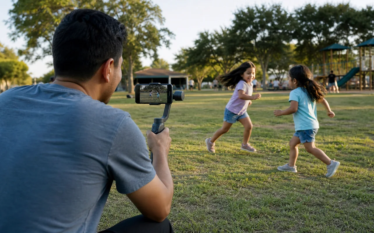 A realistic everyday scene illustrating a parent filming children playing in a park with a smartphone gimbal