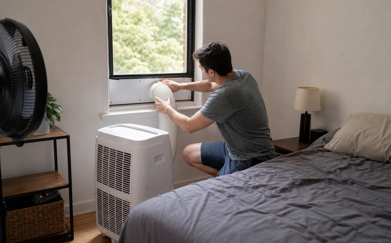 A realistic everyday scene illustrating a renter installing a portable air conditioner window hose in a modest bedroom