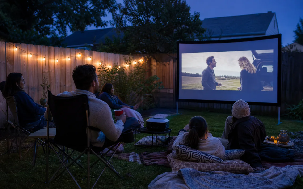 A realistic everyday scene illustrating neighbours enjoying a backyard movie projected onto a simple screen after sunset