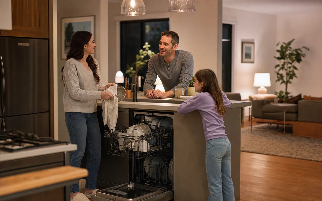 A realistic everyday scene illustrating a family talking in an open-plan kitchen while a nearly silent dishwasher runs