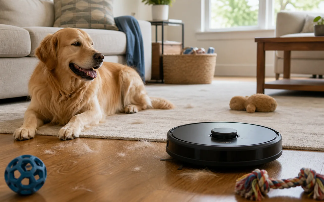 A realistic everyday scene illustrating a robot vacuum navigating around a shedding dog and everyday toys on a family-room floor