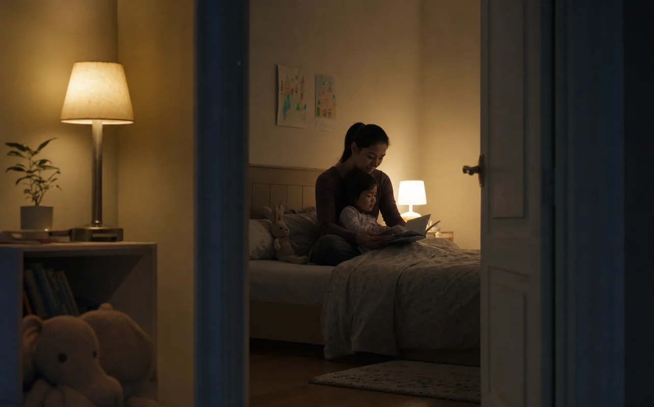 A realistic everyday scene illustrating warm smart lights dimming while a family winds down in a cozy bedroom
