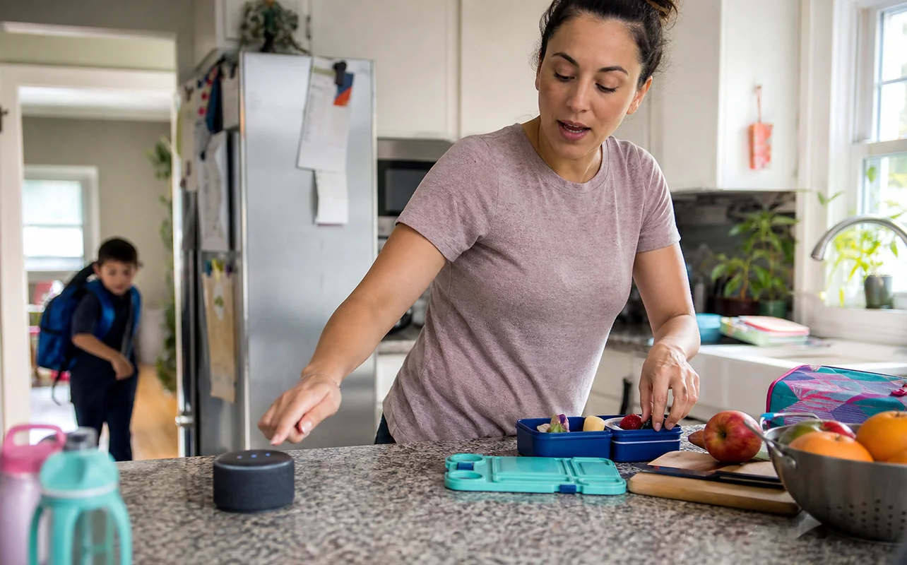 A realistic everyday scene illustrating a parent using a compact smart speaker while packing lunches in a bright lived-in kitchen