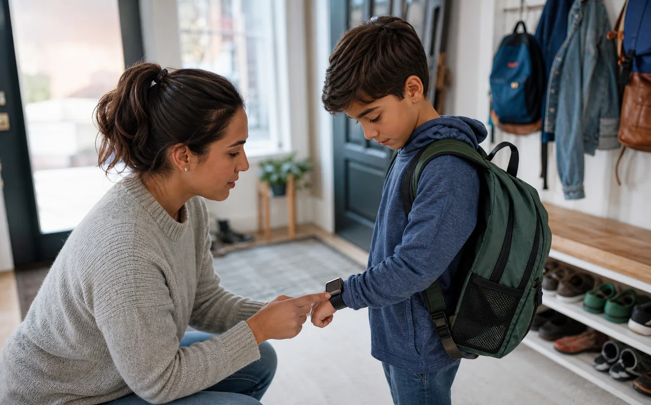 A realistic everyday scene illustrating a parent and school-age child reviewing a smartwatch schedule before leaving home