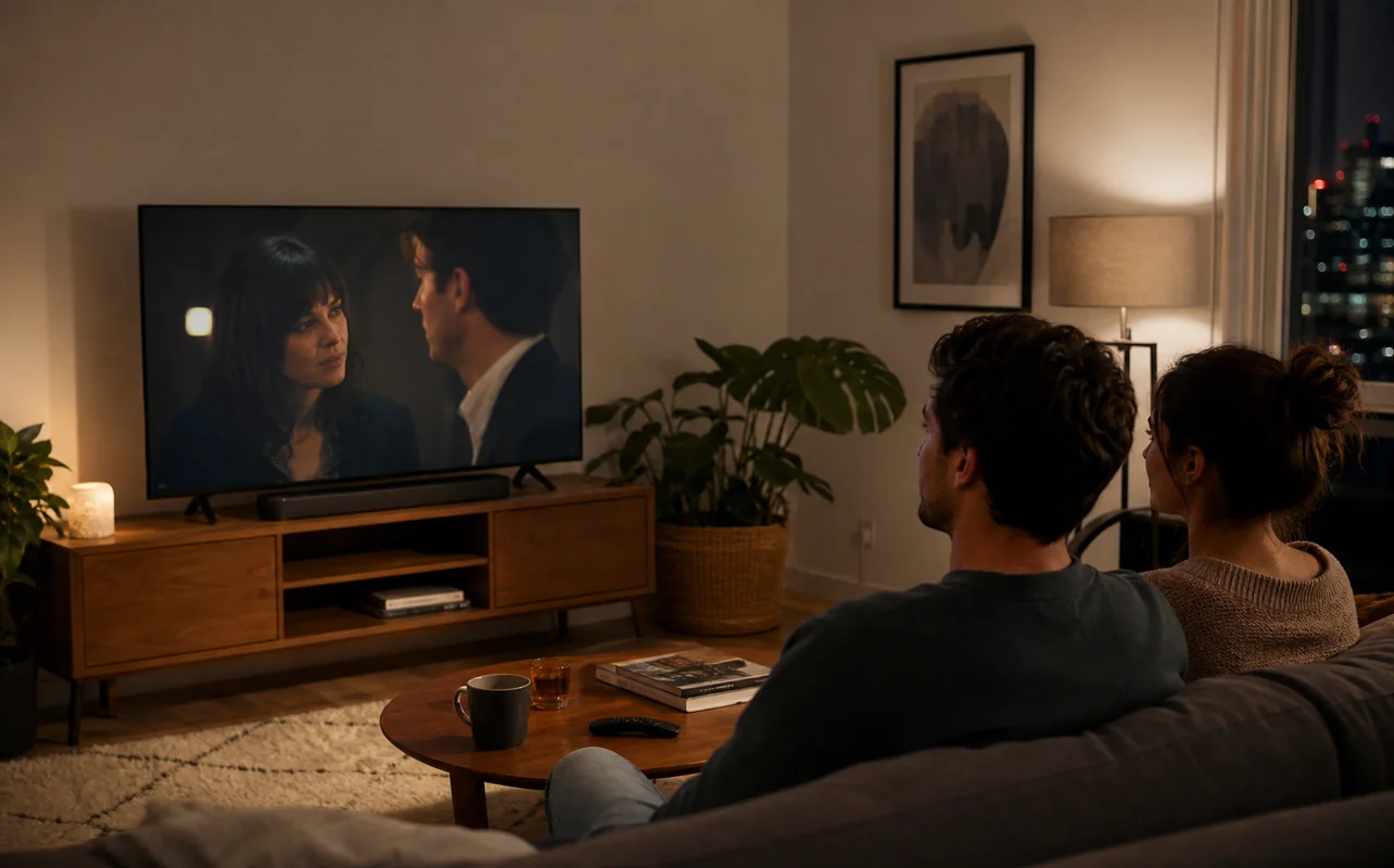 A realistic everyday scene illustrating two people watching a dialogue-heavy show through a compact soundbar in an apartment at night