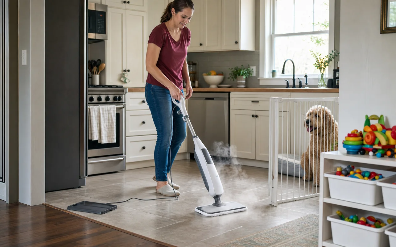 A realistic everyday scene illustrating a parent cleaning a sealed kitchen floor while toys and a pet rest safely in another area