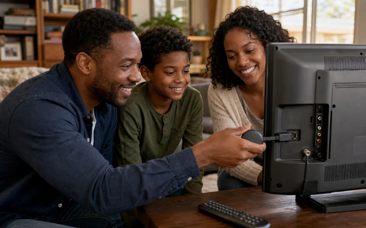 A realistic everyday scene illustrating a family plugging a compact streaming device into an older television in a comfortable den