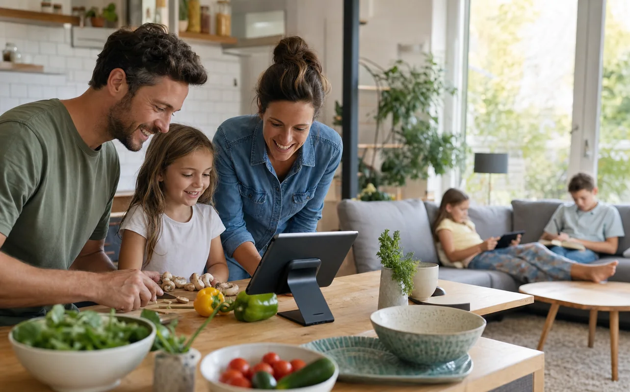 A realistic everyday scene illustrating a family using a tablet for a recipe in the kitchen and relaxing on the couch nearby