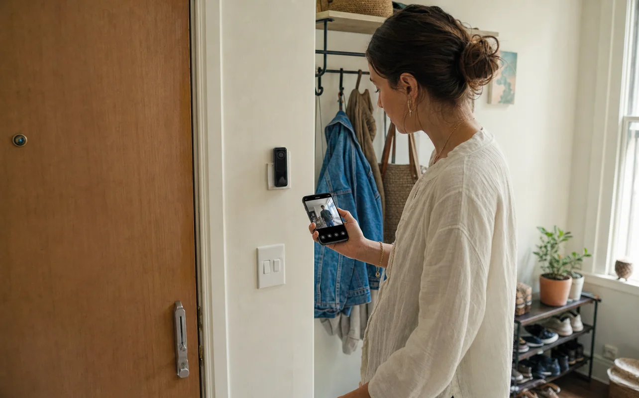 A realistic everyday scene illustrating an apartment renter checking a wireless video doorbell from a phone near the entryway