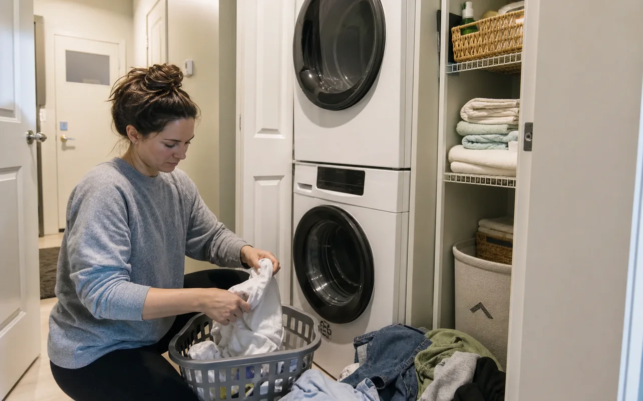 A realistic everyday scene illustrating a condo resident sorting a realistic week of laundry beside a compact stacked washer and dryer