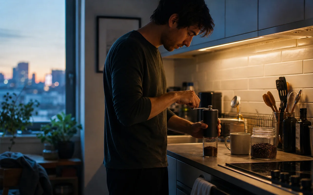 An editorial lifestyle scene illustrating a family dispensing cold water and preparing tea from one countertop unit without changing the sink plumbing