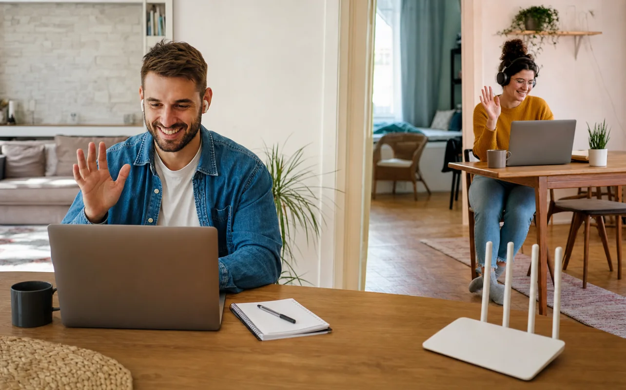 A realistic everyday scene illustrating two adults on simultaneous video calls in different rooms of a normal family home